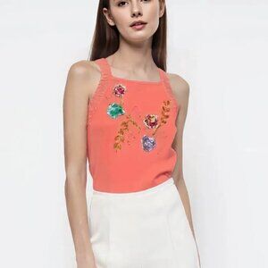 Vintage Coral Pink Beaded Floral Ribbed top